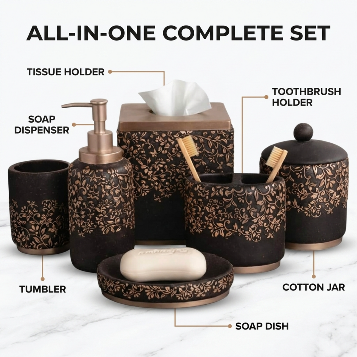Set of six modern bathroom decor accessories from the Stella Collection by AH8312, featuring sleek, elegant design details.