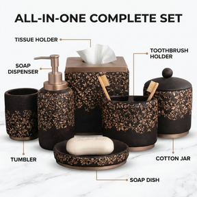 Set of six modern bathroom decor accessories from the Stella Collection by AH8312, featuring sleek, elegant design details.