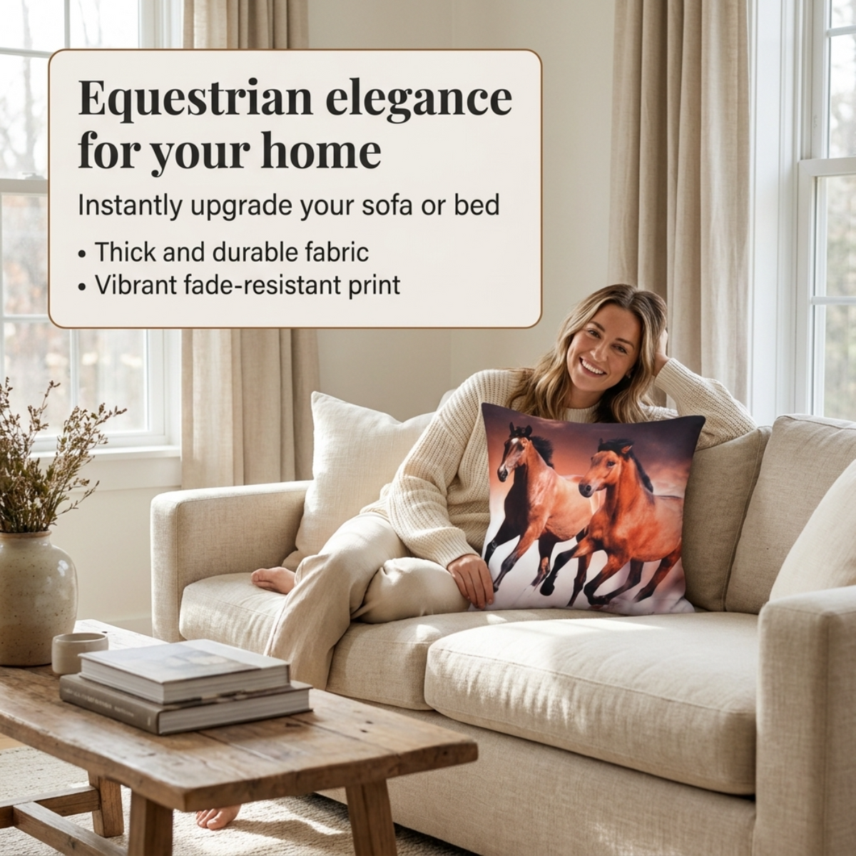 Horse Throw Pillow Set - 4 Decorative Pillow Covers 18 x 18 Inch with Zipper Closure