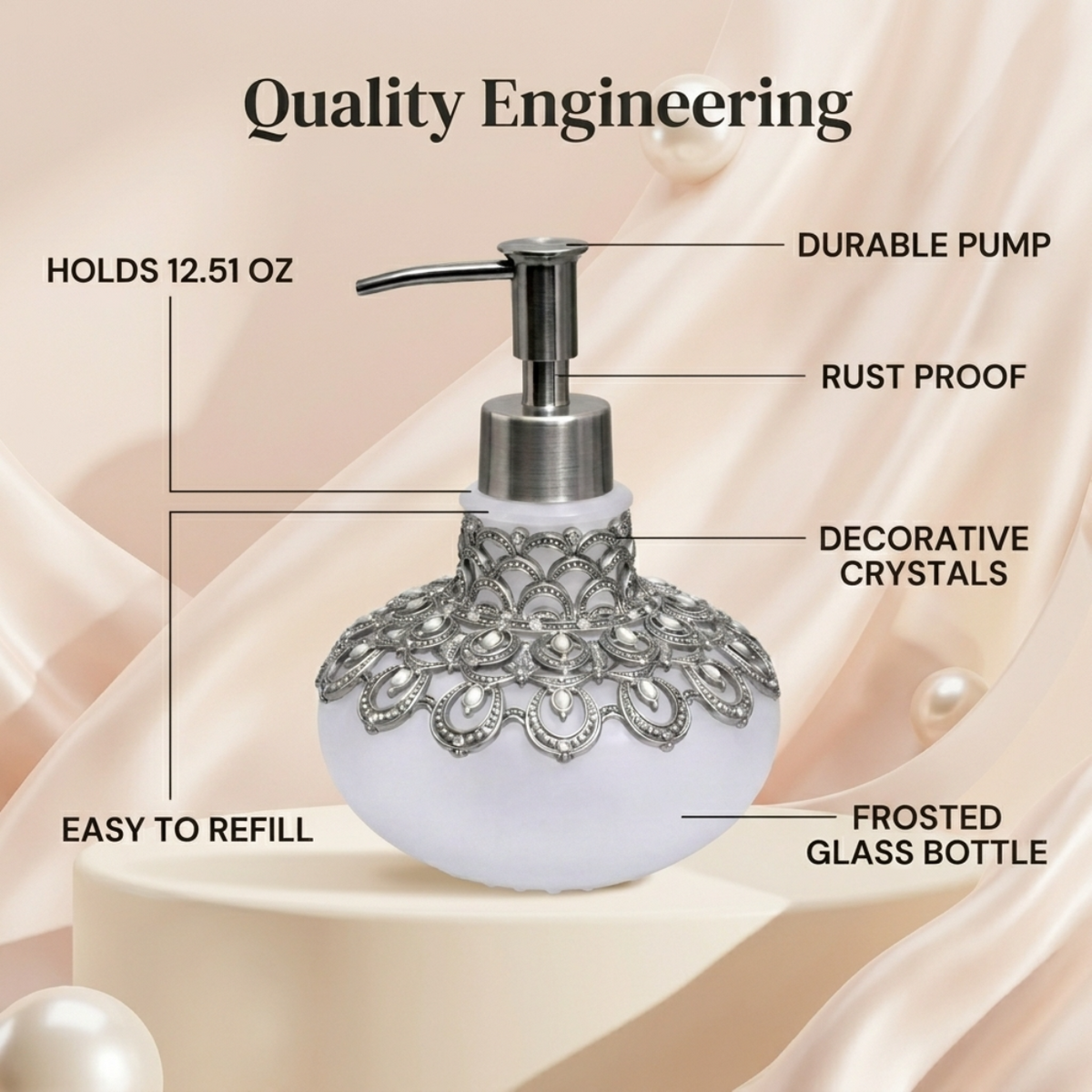 Soap Dispenser – Frosted Glass Bathroom Accessory with Pewter Pump & Rhinestone Details