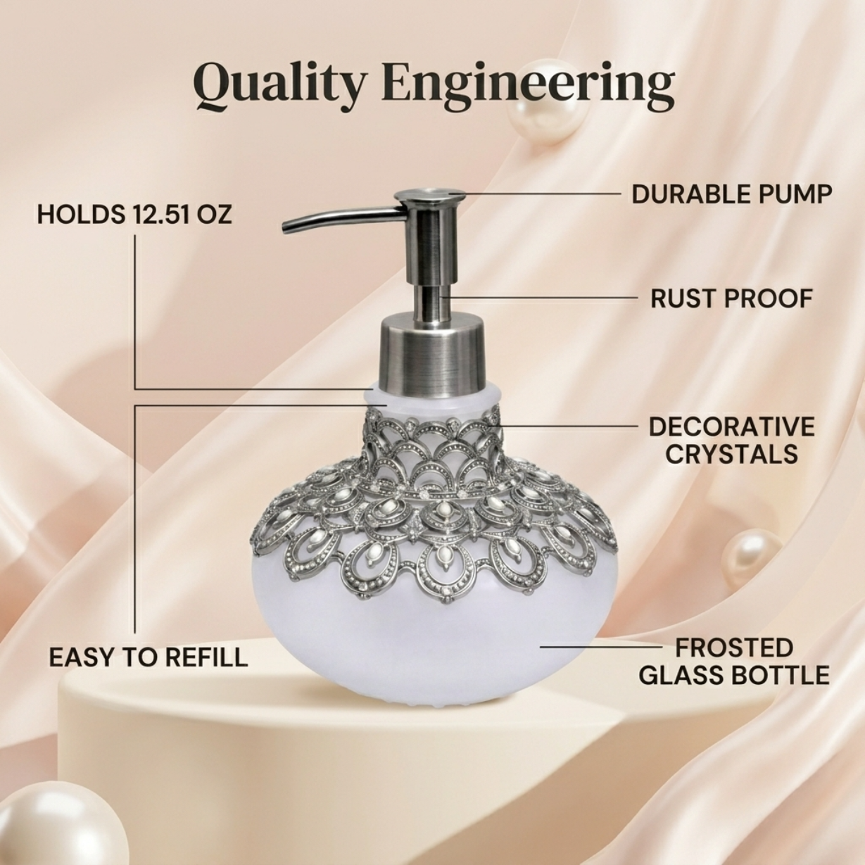 Soap Dispenser – Frosted Glass Bathroom Accessory with Pewter Pump & Rhinestone Details