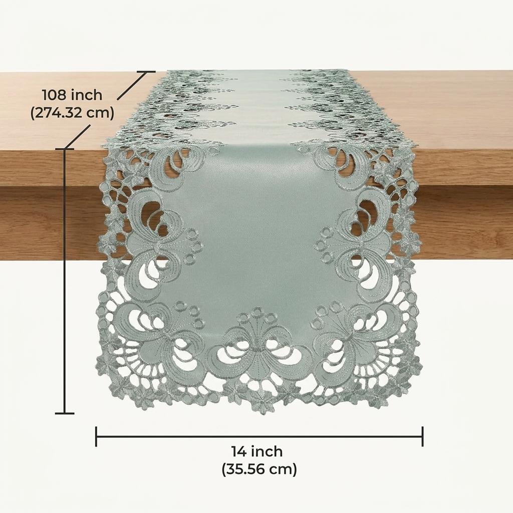 European Embroidery Table Runner – Gray Rustic Linen for Indoor Outdoor Use