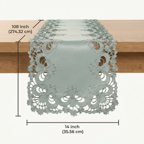 European Embroidery Table Runner – Gray Rustic Linen for Indoor Outdoor Use