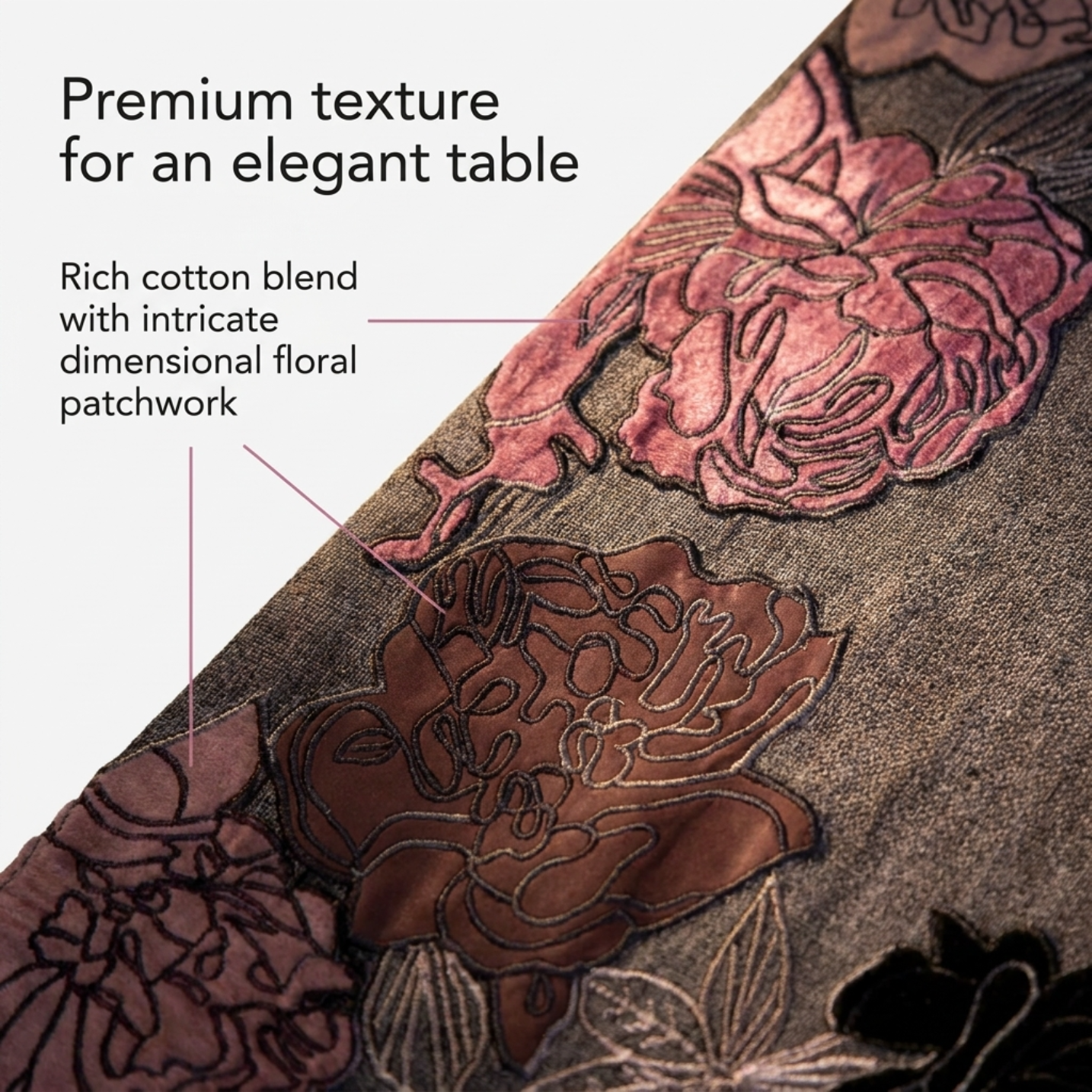 Decorative Table Runner - Embroidered Velvet Satin Backing for Dining Table Decor