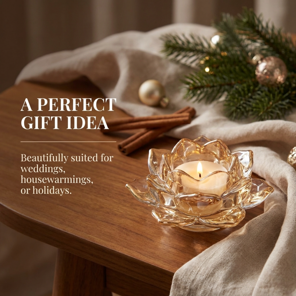 Floral Glass Candle Holder – Elegant Tea Light Holder with Gold Round Base