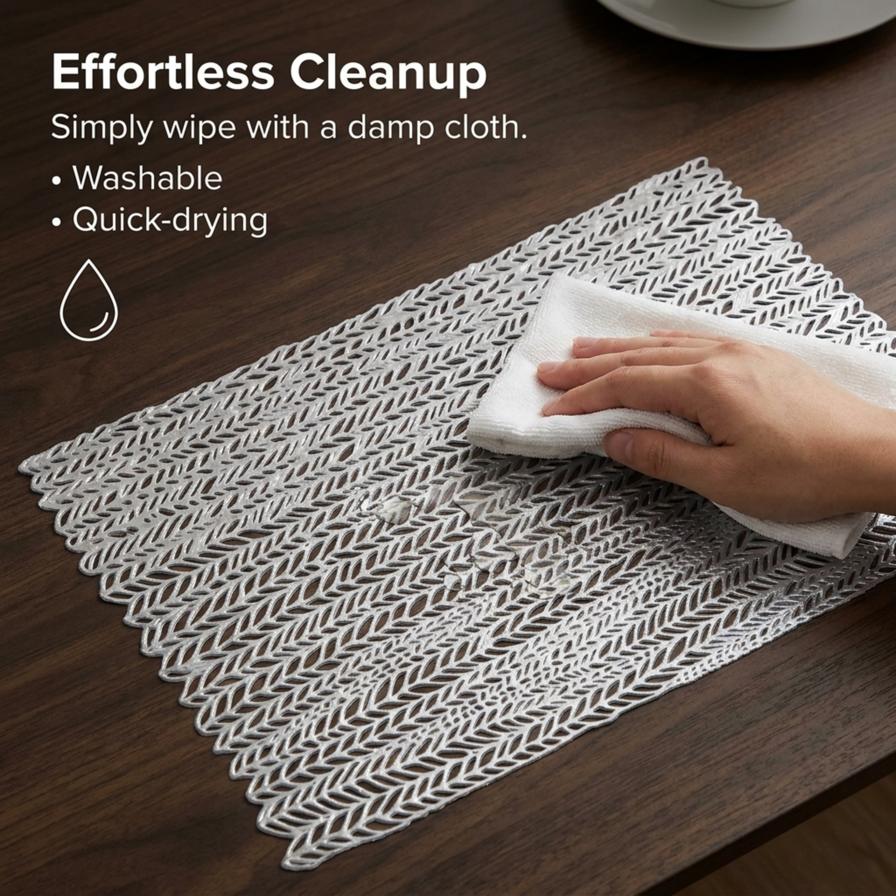 Set of six AMF032-SLV PVC cut out placemats with intricate patterns, ideal for dining table decoration and protection.