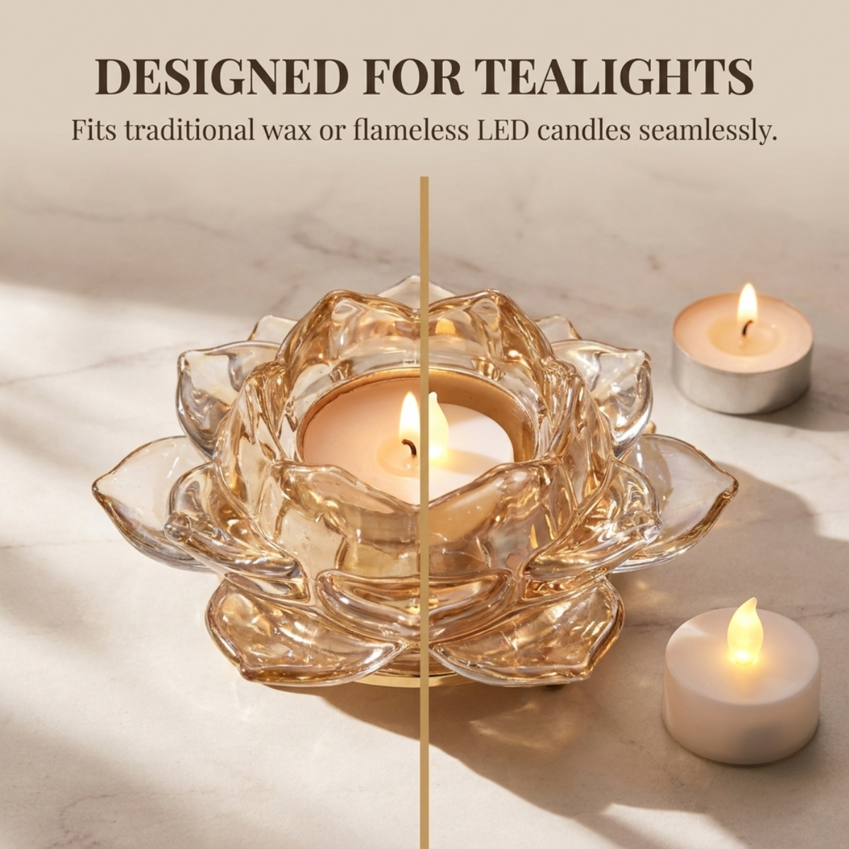 Floral Glass Candle Holder – Elegant Tea Light Holder with Gold Round Base