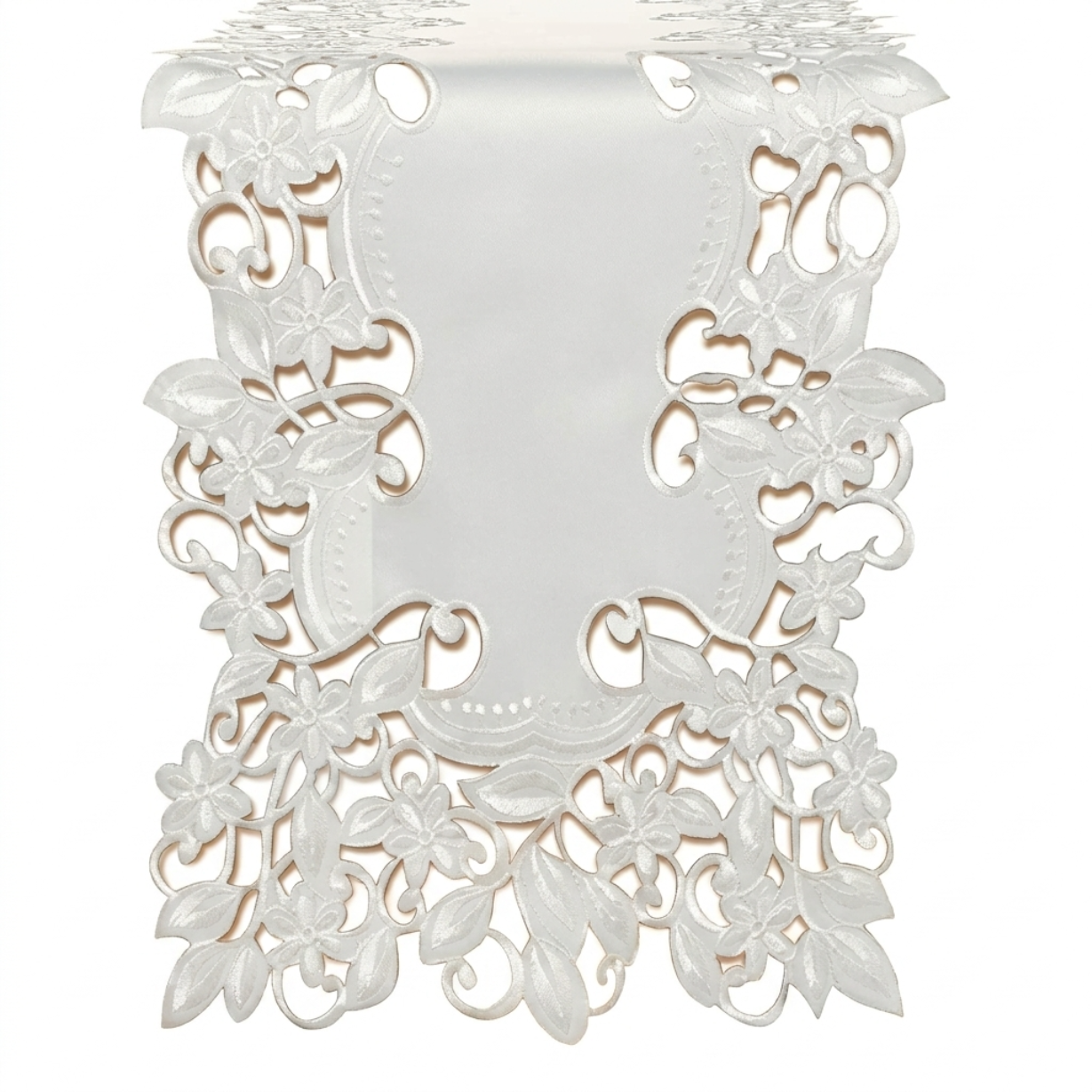 European Embroidered Table Runner – White Rustic Linen Decor 14x108 Inches