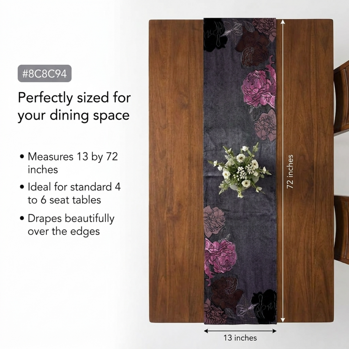 Decorative Table Runner - Embroidered Velvet Satin Backing for Dining Table Decor