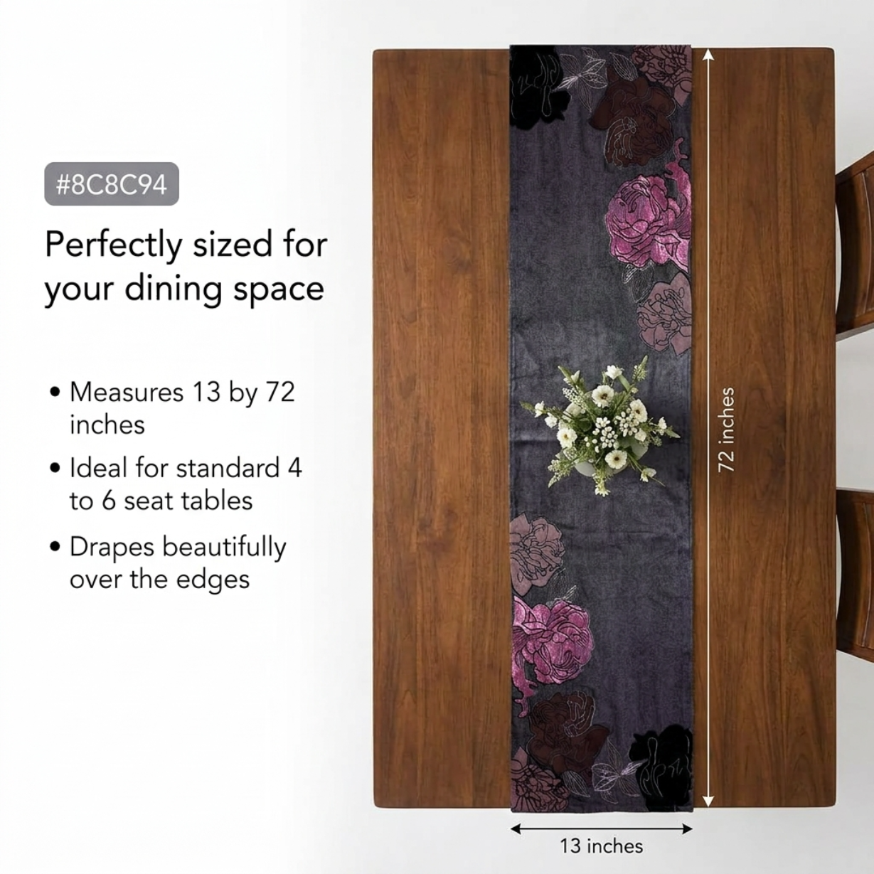 Decorative Table Runner - Embroidered Velvet Satin Backing for Dining Table Decor