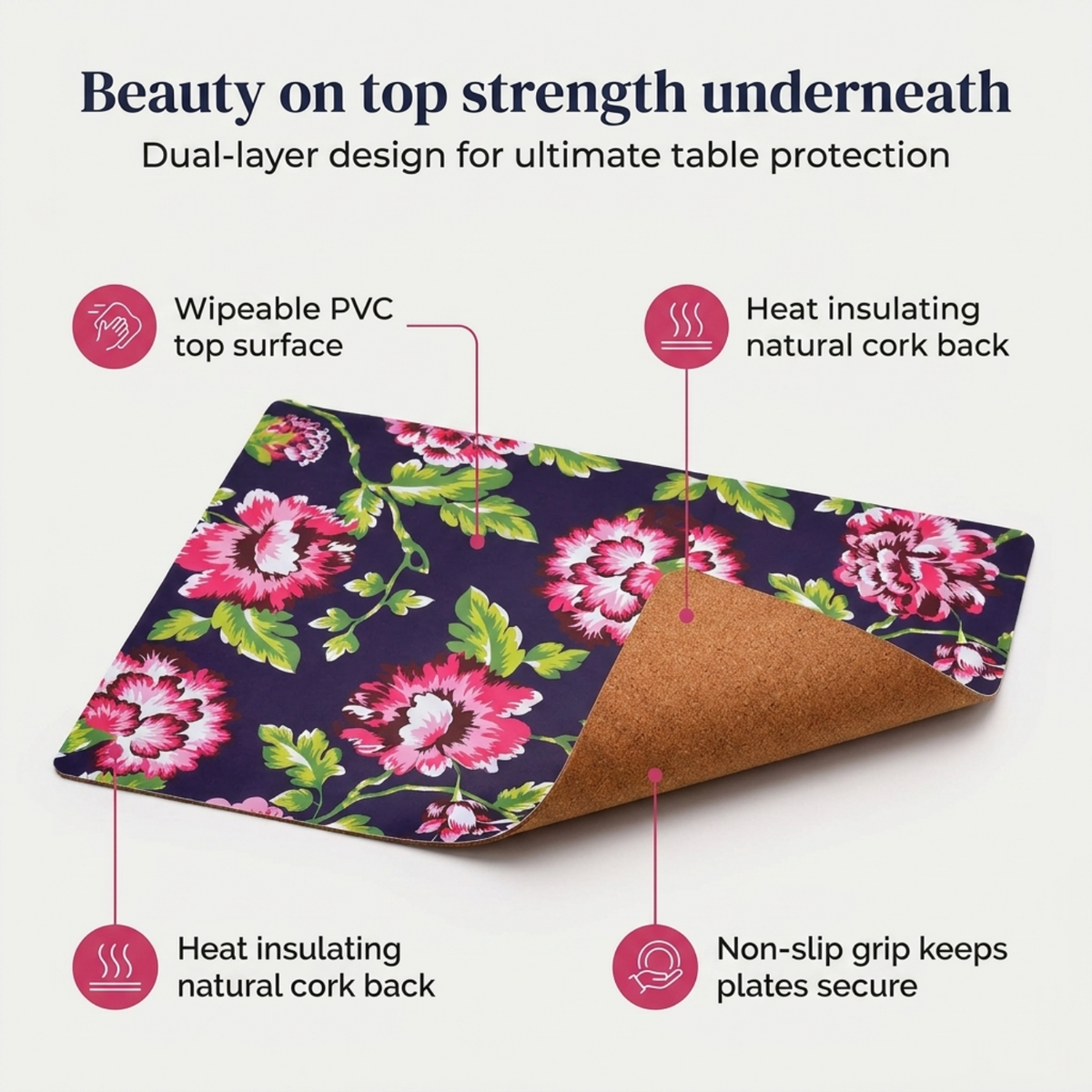 Floral Cork Placemats – Heat Resistant, Cork Backed Indoor Outdoor Mats