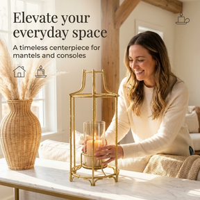 Gold Candle Holder – Modern Geometric Frame Lantern with Glass Cylinder