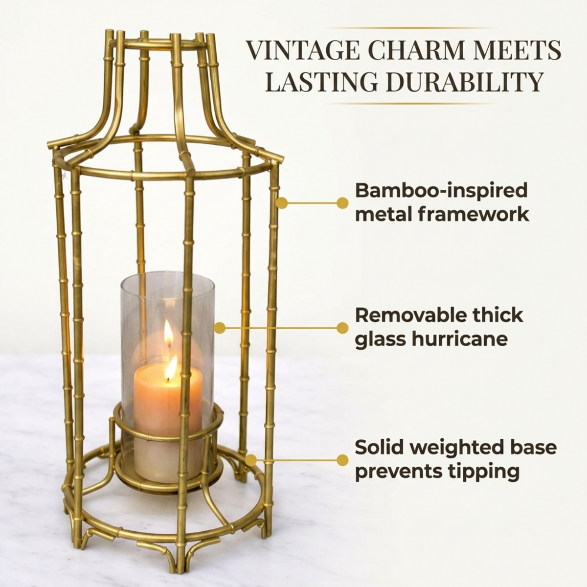 Gold Candle Holder – Modern Geometric Frame Lantern with Glass Cylinder