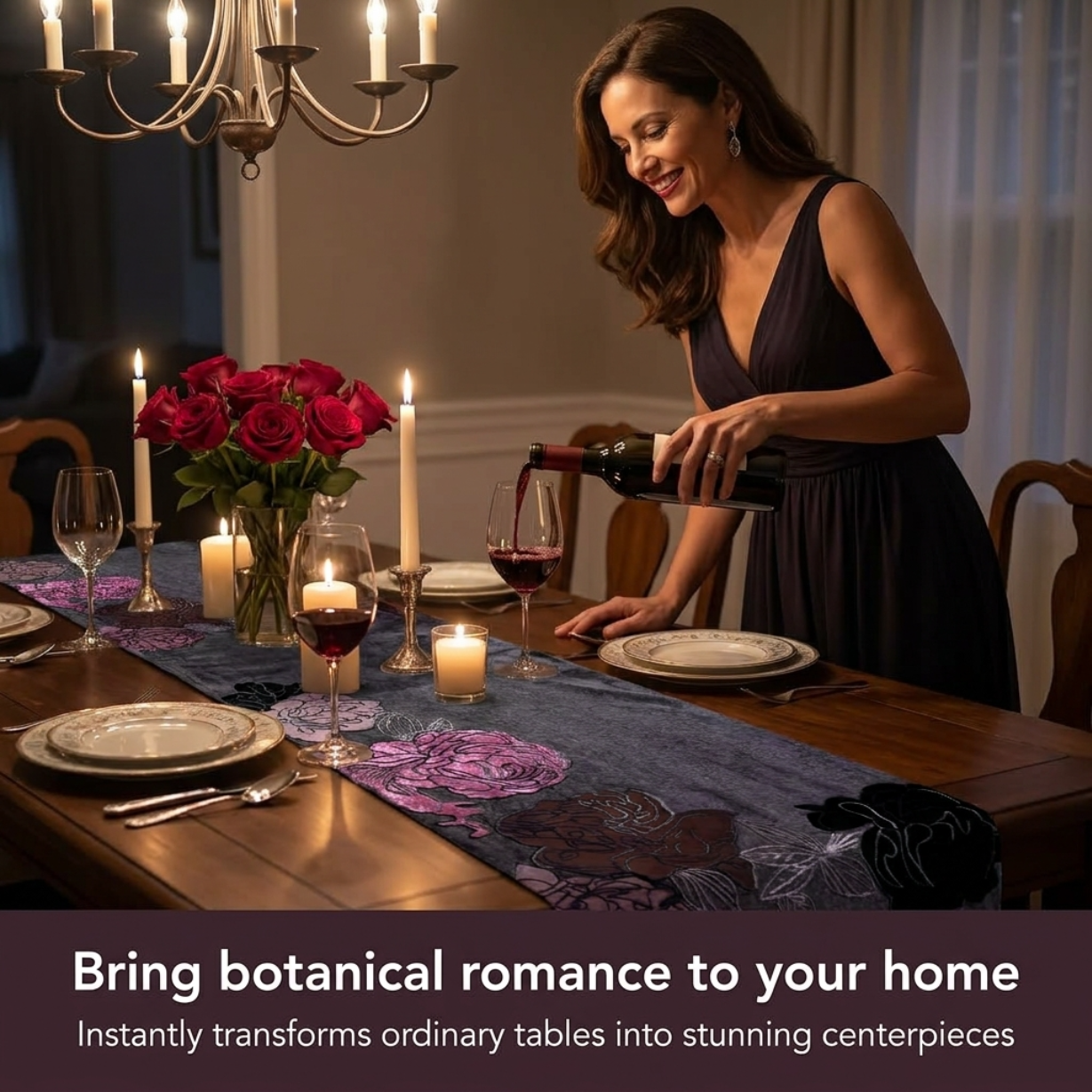Decorative Table Runner - Embroidered Velvet Satin Backing for Dining Table Decor