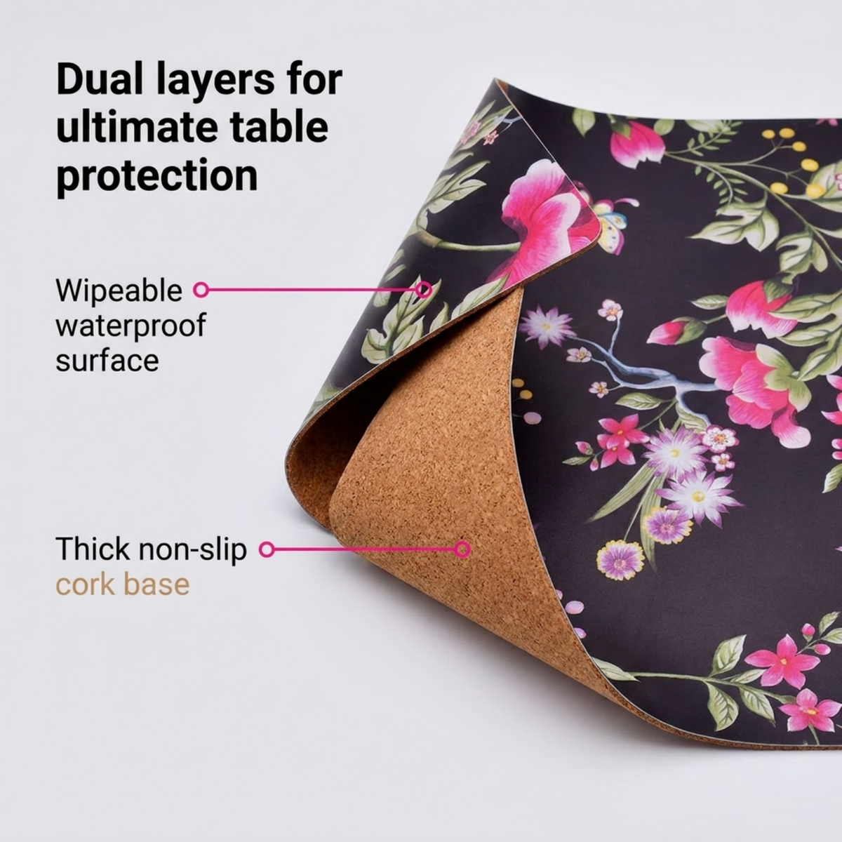 Floral Cork Placemats – Cork Backed, Heat Resistant Indoor Outdoor Table Mats