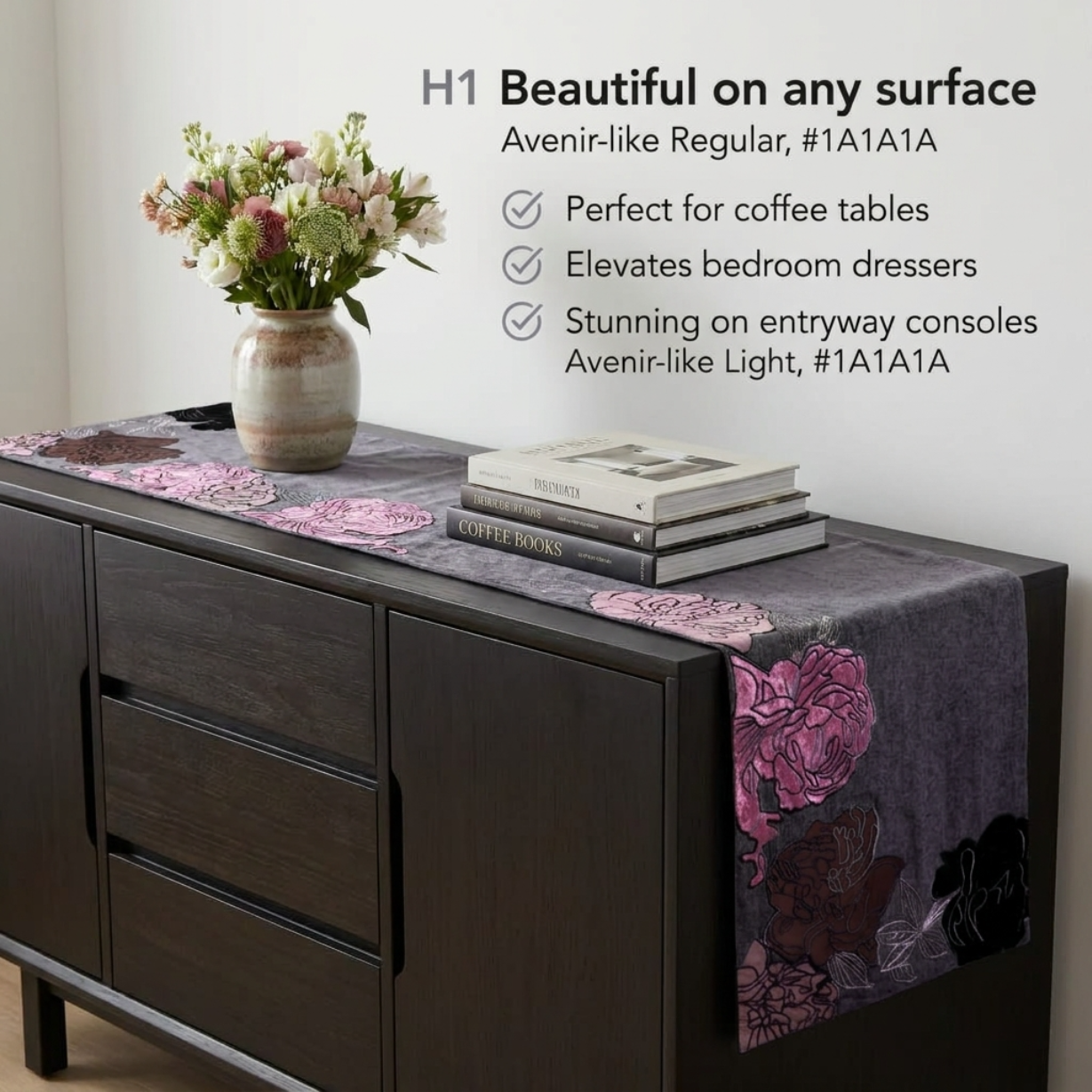 Decorative Table Runner - Embroidered Velvet Satin Backing for Dining Table Decor
