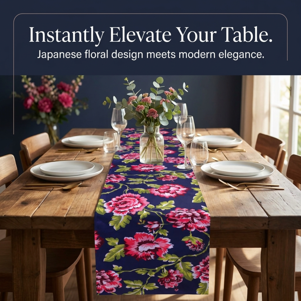 Blue Table Runner - Floral Polyester Indoor Outdoor Decorative Table Cloth
