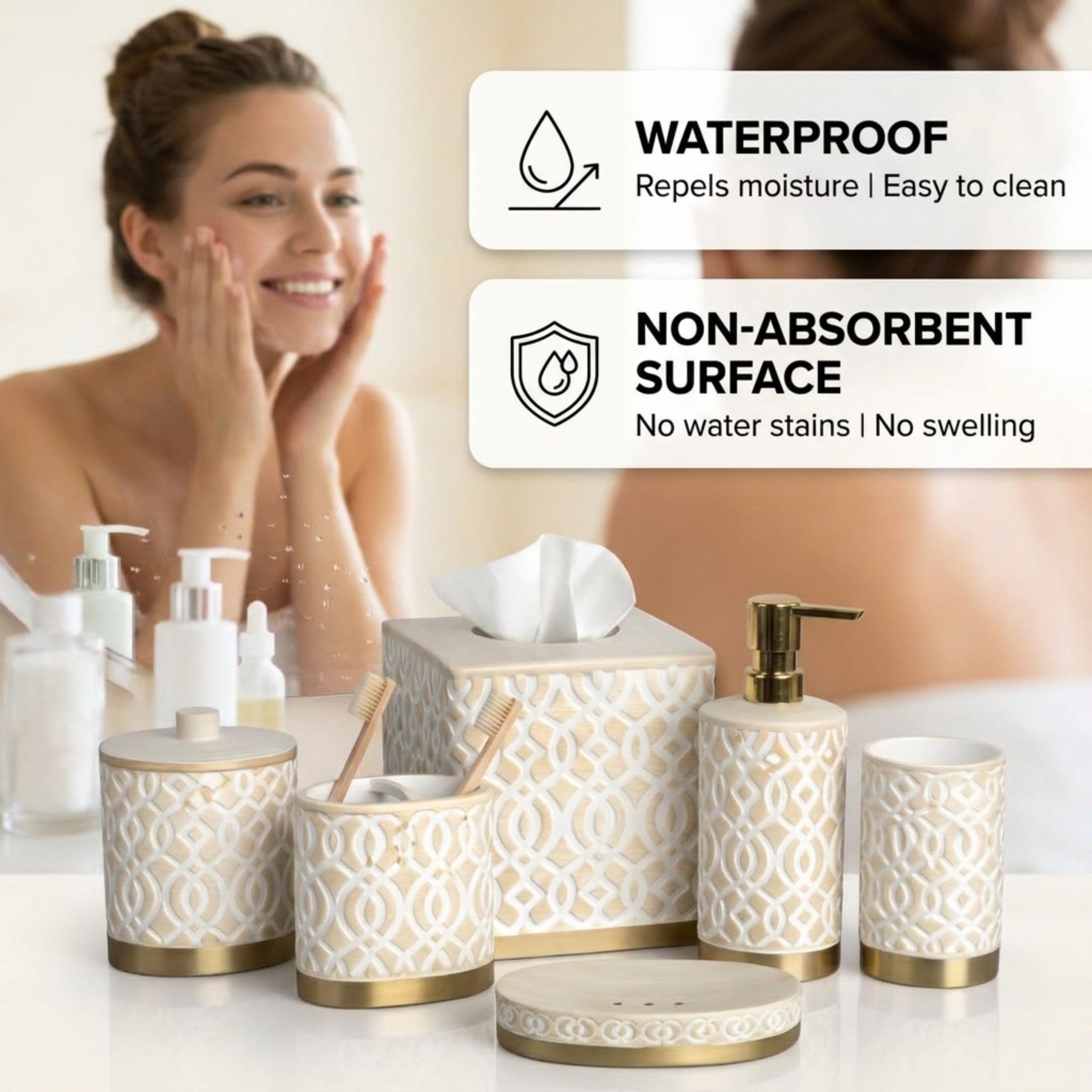 HG626 Solana Collection modern bathroom décor accessories set of 6, including soap dispenser, toothbrush holder, and matching accessories