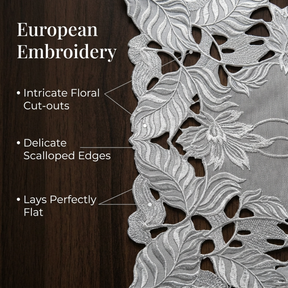European Embroidered Table Runner - Gray Rustic Dining Linen Decor 14x108 Inches