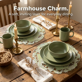 Linen Placemat Doilies - Light Green Round Embroidered Table Mats for Dining