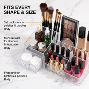 Clear Makeup Organizer - Acrylic Cosmetic Storage Box with 19 Slots & Drawer