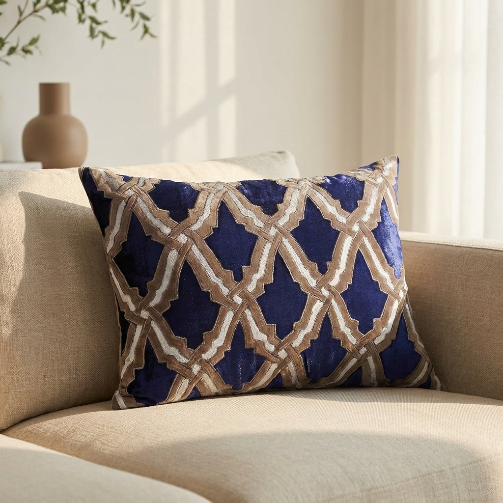 Navy Blue Throw Pillow | Embroidered Linen Cushion Cover 14 x 20 Inches