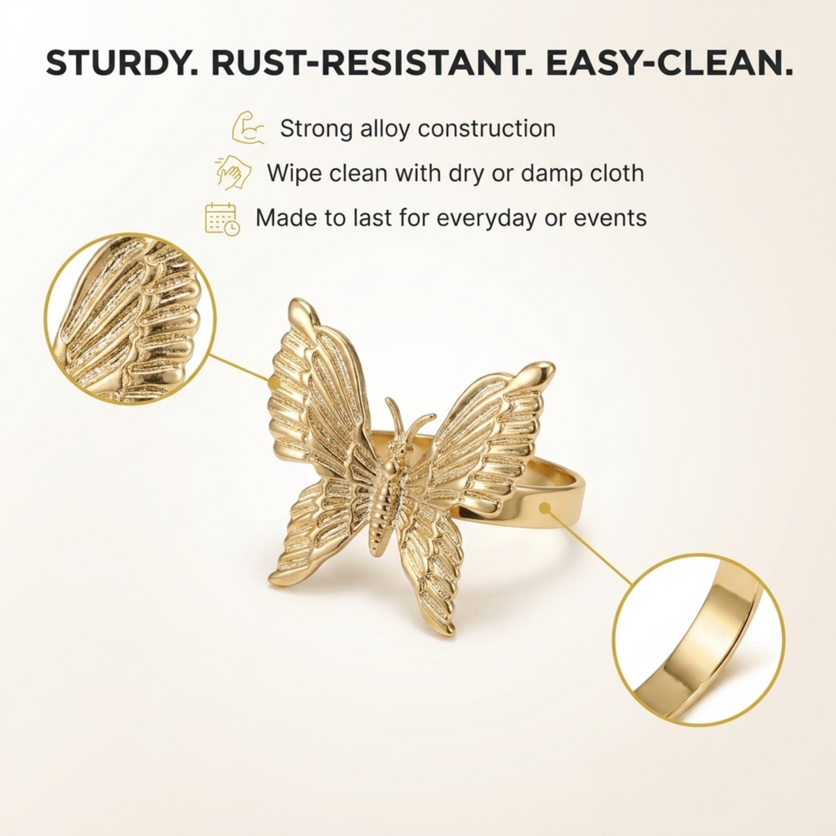 Golden Flutter napkin rings featuring gold butterfly design, elegant table décor for decorative dining settings.