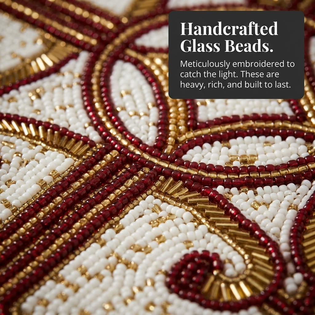Beaded Placemats – Handmade Gold Red White Table Decor Mats, 15 Inch Satin Backing