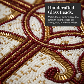Beaded Placemats – Handmade Gold Red White Table Decor Mats, 15 Inch Satin Backing