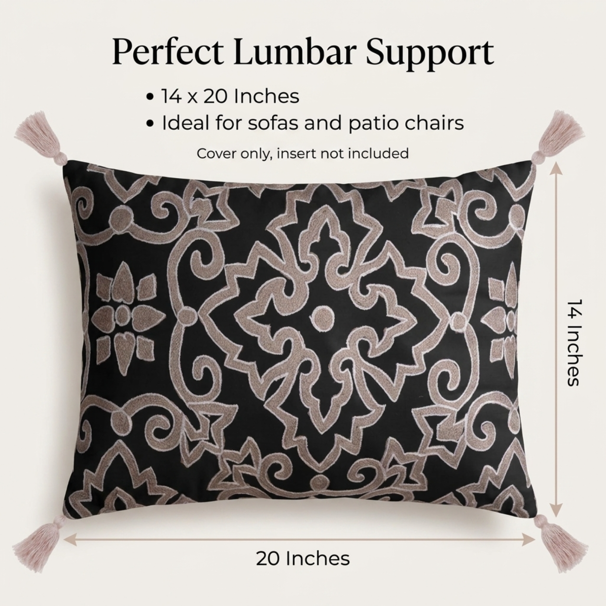 Throw Pillow Covers - Embroidered Black Beige Linen Cushion Cover Sets 18x18 Inches
