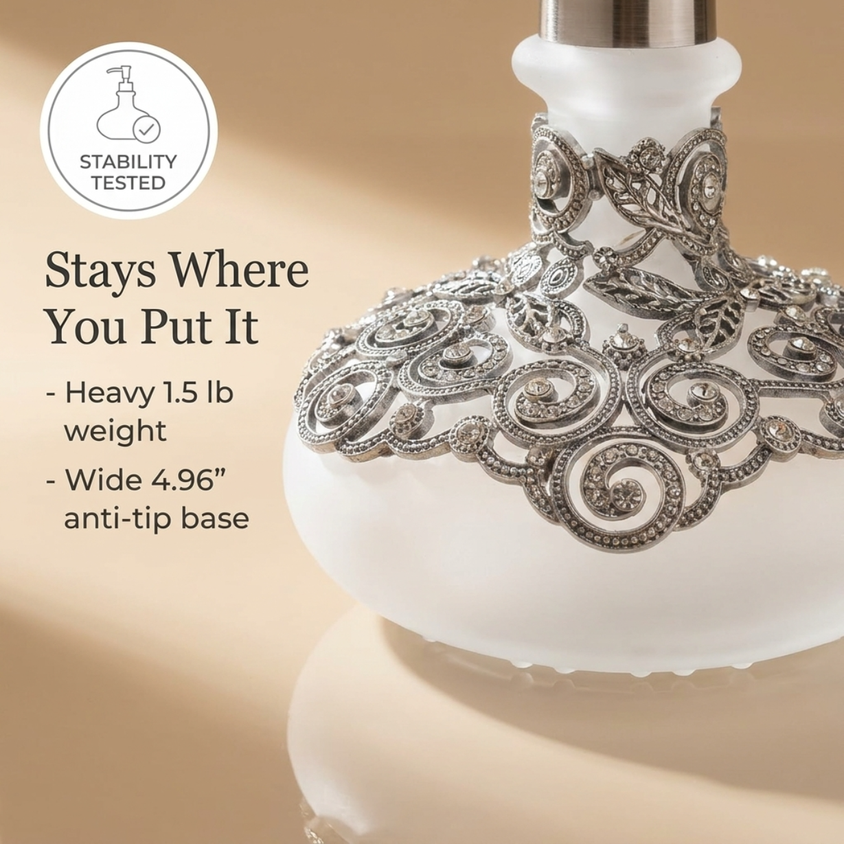 Soap Dispenser - Elegant Frosted Glass Bathroom Lotion Pump Bottle with Rhinestones