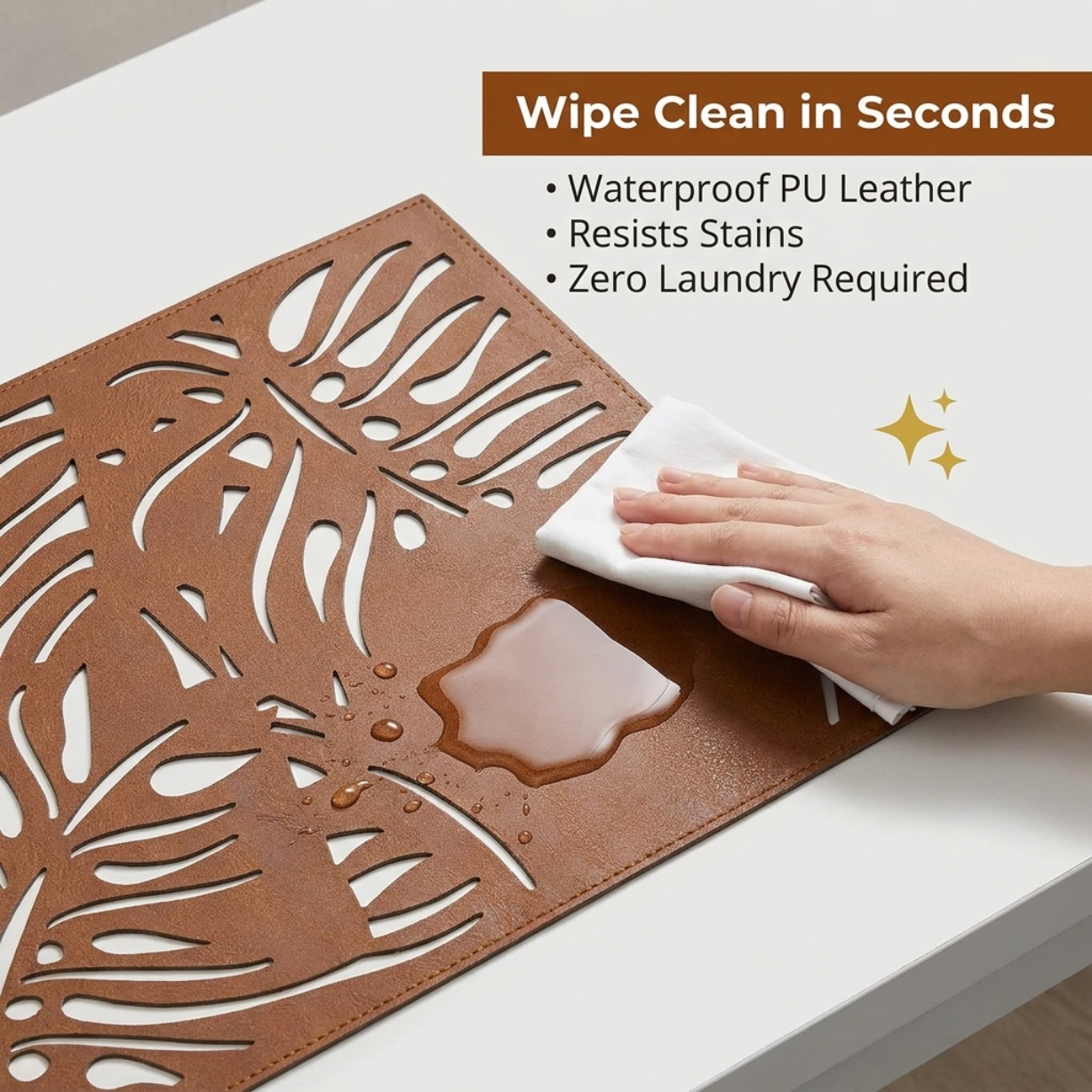 Leather Placemats - Monstera Leaf Design | Set of 6 PU Embossed Mats