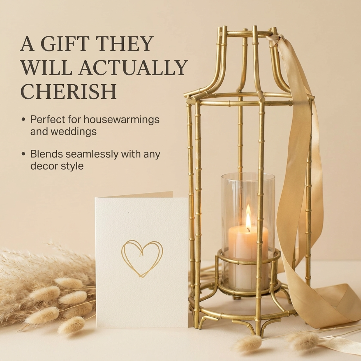 Gold Candle Holder – Modern Geometric Frame Lantern with Glass Cylinder