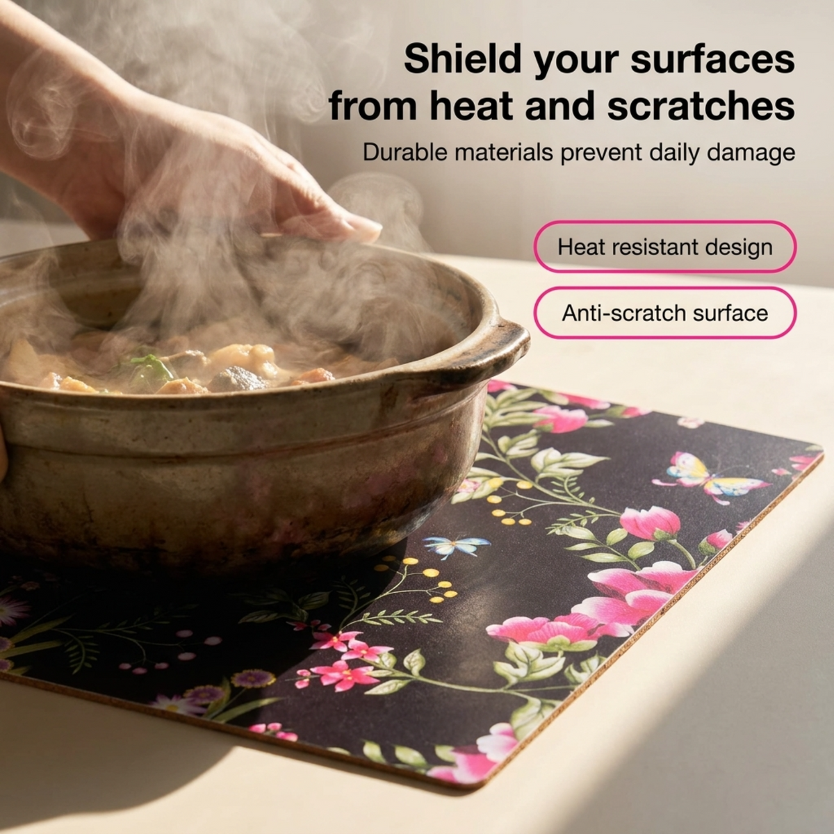 Floral Cork Placemats – Cork Backed, Heat Resistant Indoor Outdoor Table Mats