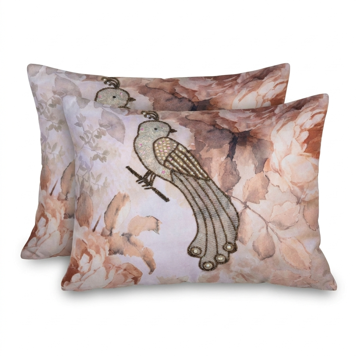 Floral Throw Pillow Covers - Bird Design Cushions With Zipper Closure
