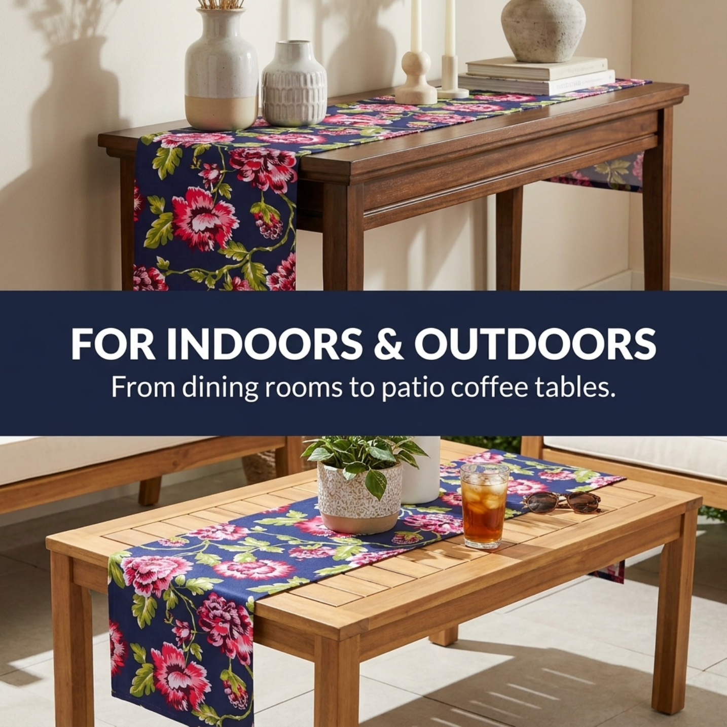 Blue Table Runner - Floral Polyester Indoor Outdoor Decorative Table Cloth