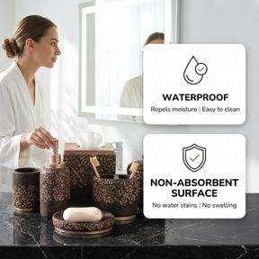Set of six modern bathroom decor accessories from AH8312 Stella Collection, including soap dispenser, toothbrush holder, and more.