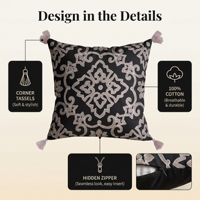 Throw Pillow Covers - Black Beige Embroidered Linen Cushion Set, 18x18 Inches