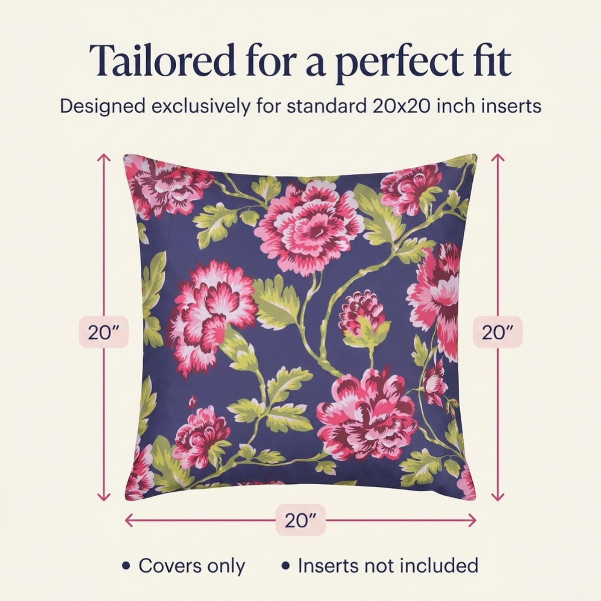 Floral Throw Pillow Covers - 20x20 Inch Dark Blue Decorative Cushion Covers