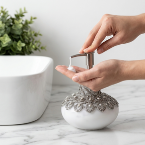 Soap Dispenser – Frosted Glass Bathroom Accessory with Pewter Pump & Rhinestone Details