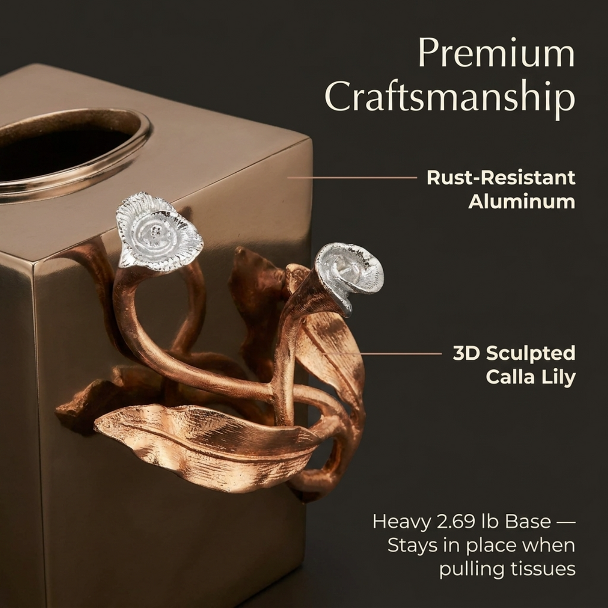Tissue Box Cover – Calla Grace, Gold Finish