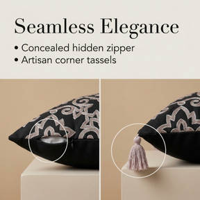 Throw Pillow Covers - Embroidered Black Beige Linen Cushion Cover Sets 18x18 Inches