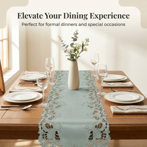 European Embroidery Table Runner – Gray Rustic Linen for Indoor Outdoor Use