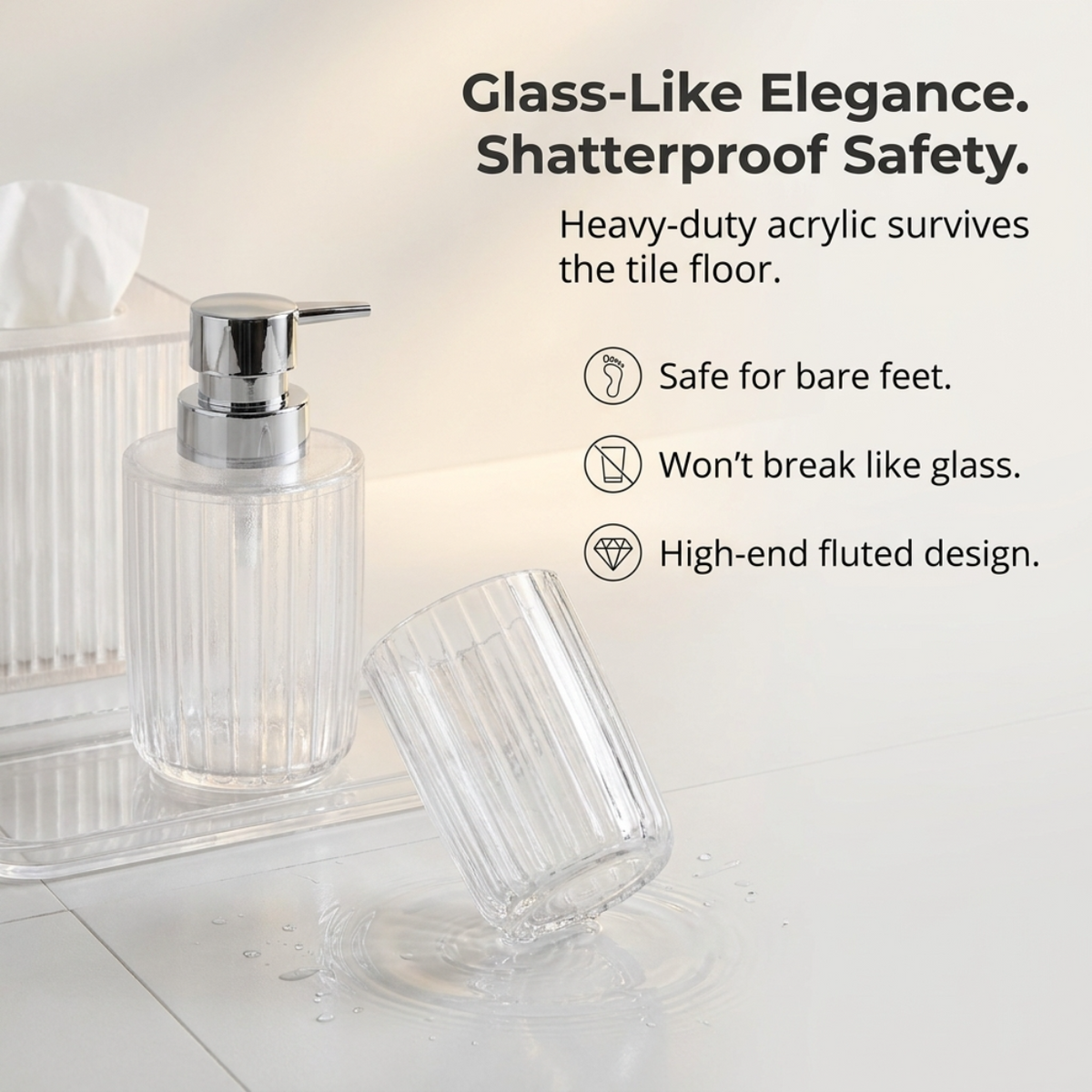 Acrylic Bathroom Set – Modern Bathroom Accessories with Soap Dispenser Pump & Tray