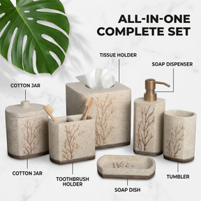 Modern bathroom décor accessories set of 6 from Kent Essence Collection by AH11336, featuring sleek, elegant design and various bathroom accessories.