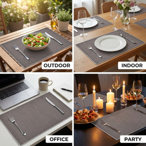 Set of 4 and 6 PVC placemats from 618PVC-1-8-4, showing colorful, durable plastic placemats arranged on a dining table.