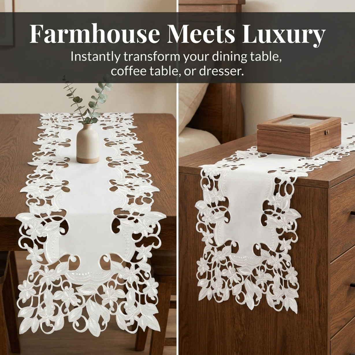 European Embroidered Table Runner – White Rustic Linen Decor 14x108 Inches