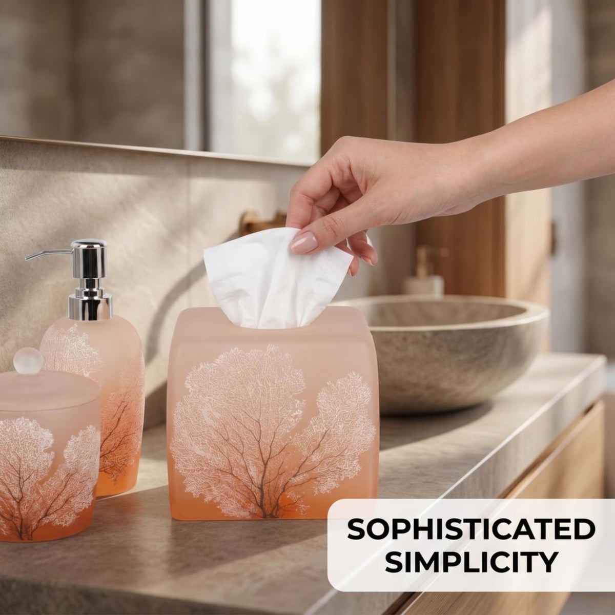 Set of six modern bathroom décor accessories from The Carruthers Collection by AH7005, including soap dispenser, toothbrush holder, and more.