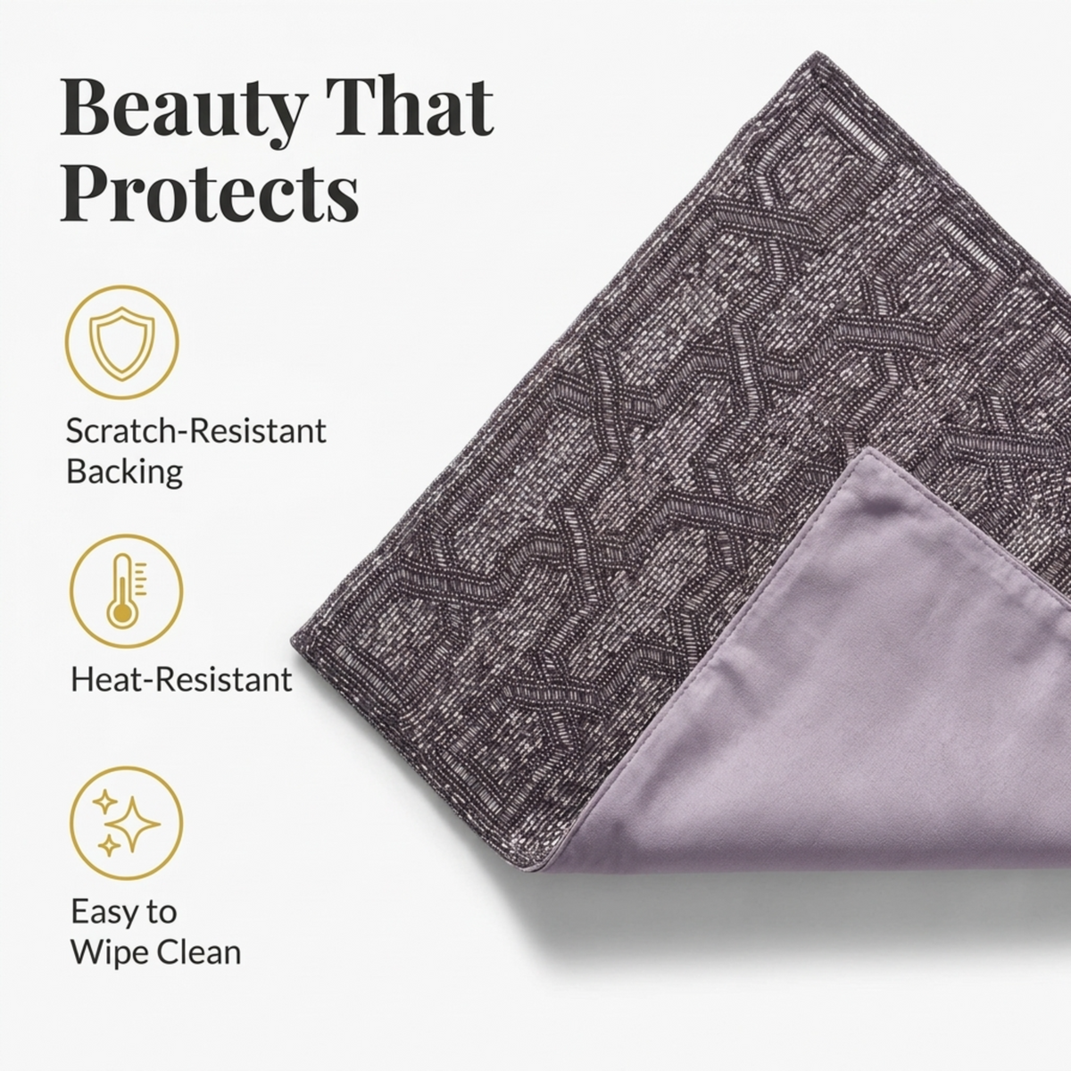 Beaded embroidered placemats from Creola Grace, elegant 15-inch charger plates for decorative dining table décor.