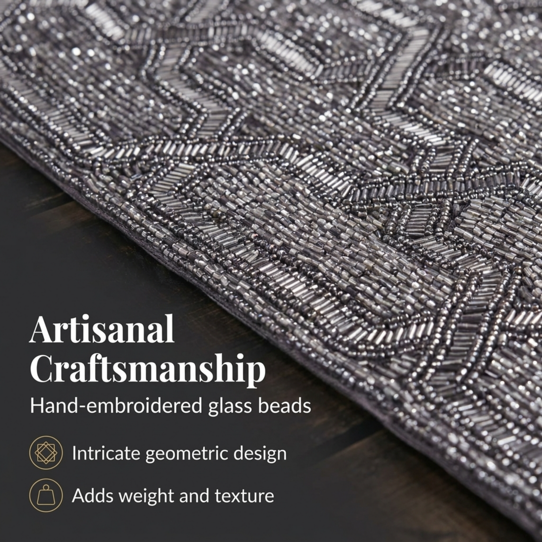 Embroidered beaded placemats from the Creola Grace Charger Plates collection, decorative 15-inch table décor by PM 00009-G